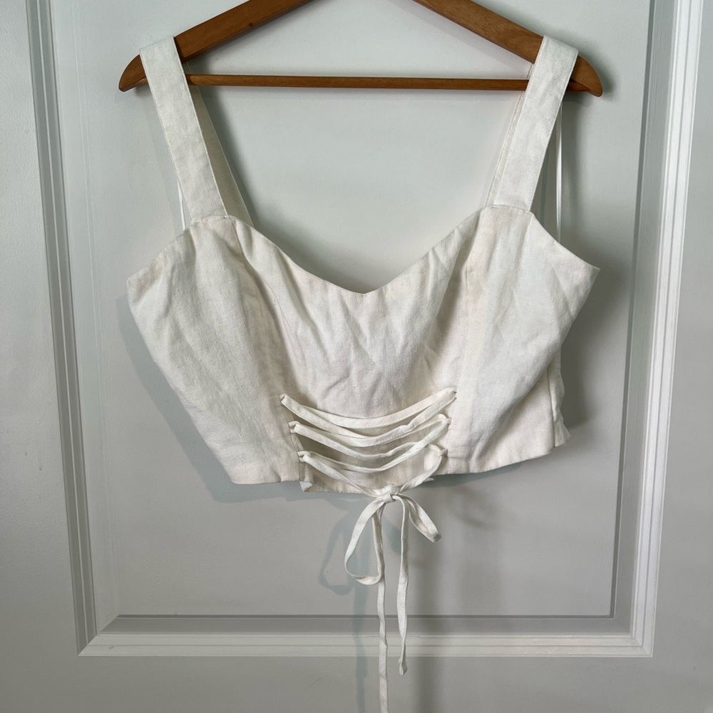 💌 A&F -‎ White Creame Lace-Up Linen-Blend Set Top - Picture 7 of 11